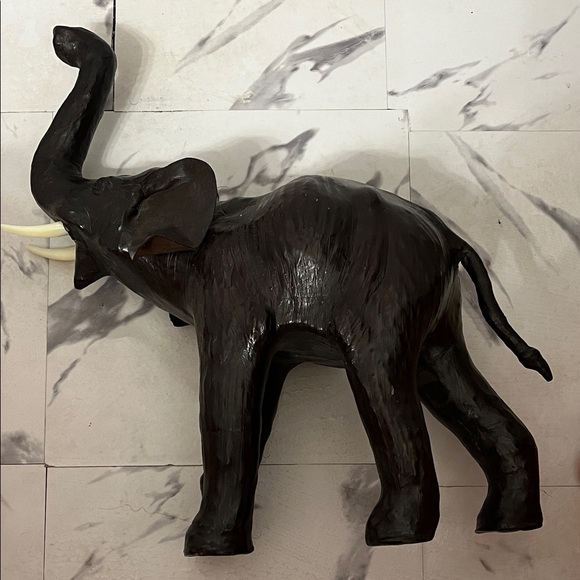 Handcrafted Dark Leather Brown Elephant Sculpture